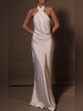 Meshki Ivory Satin Halter Gown